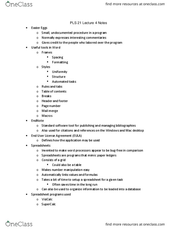 PLS 21 Lecture Notes - Lecture 4: Supercalc, Mail Merge, Visicalc thumbnail