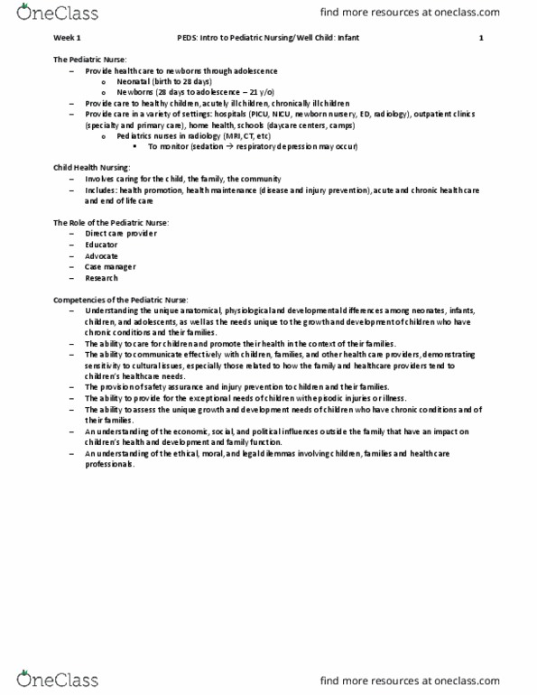 NURSE-UN 1255 Lecture Notes - Lecture 2: Pediatric Nursing, Safety, Pediatrics thumbnail