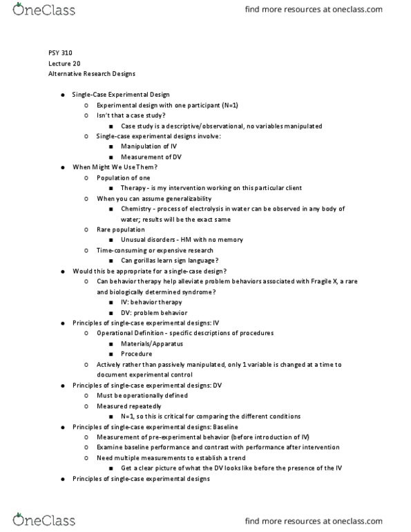 PSY 310 Lecture Notes - Lecture 20: Design Of Experiments, Repeated Measures Design, Operational Definition thumbnail