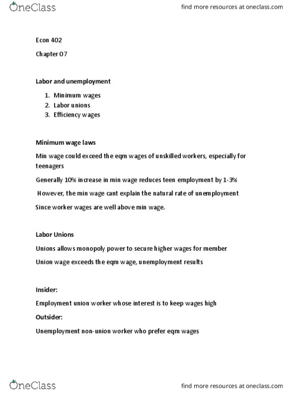 ECON 402 Lecture Notes - Lecture 30: Efficiency Wage, Structural Unemployment thumbnail