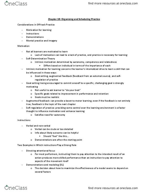 PHED-2206EL Lecture Notes - Lecture 10: Motivation, Goal Setting, Motor Learning thumbnail