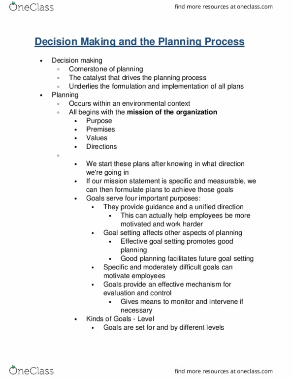 MGMT 309 Lecture Notes - Lecture 6: Goal Setting, Decision-Making, Contingency Plan thumbnail