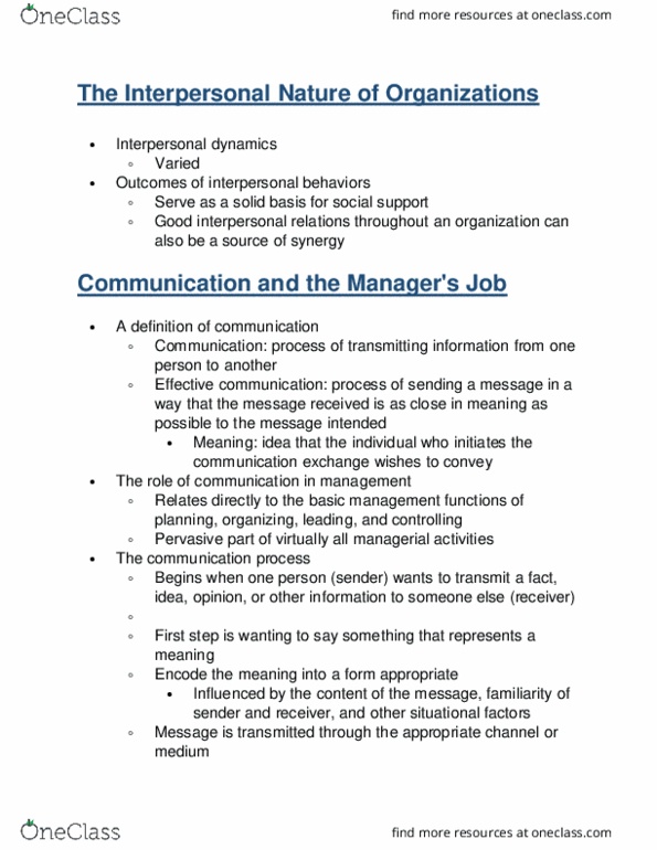MGMT 309 Chapter Notes - Chapter 17: Interpersonal Communication, Telecommunications Network, Communication thumbnail