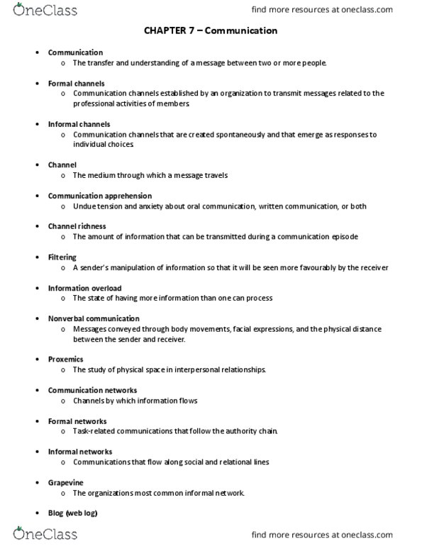 MSCI211 Lecture Notes - Lecture 4: Communication Apprehension, Blog, Nonverbal Communication thumbnail