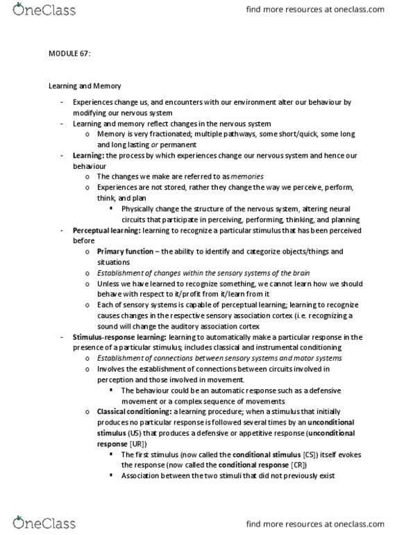 PSYCH261 Lecture Notes - Lecture 67: Perceptual Learning, Sensory System, Classical Conditioning thumbnail