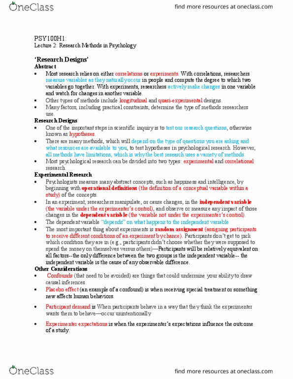 PSY100H1 Chapter Notes - Chapter 2: Participant Observation, Random Assignment, Longitudinal Study thumbnail