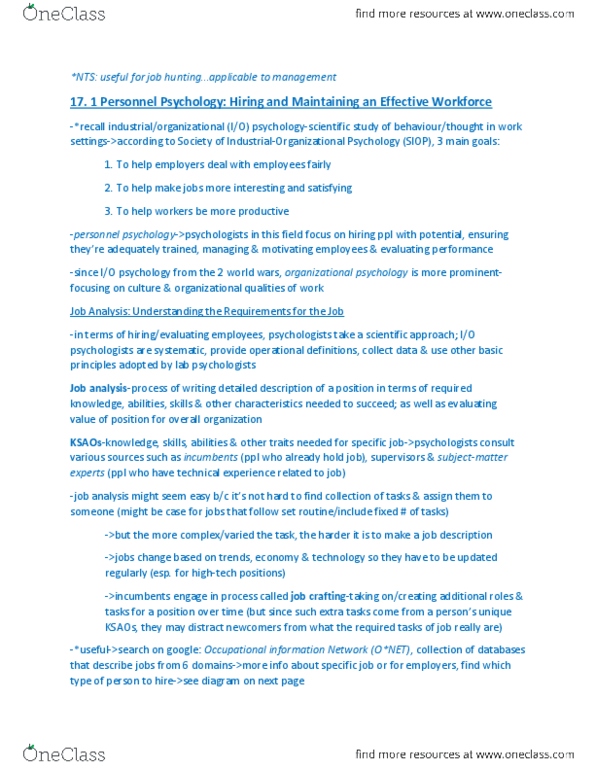 PSYA02H3 Chapter Notes - Chapter 17: Job Satisfaction, Personnel Selection, Job Performance thumbnail