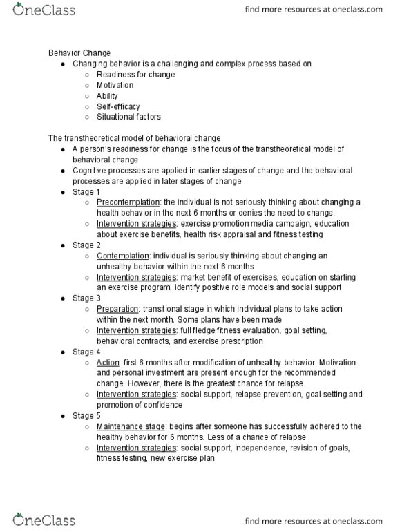 HSC 232 Lecture Notes - Lecture 16: Transtheoretical Model, Exercise Prescription, Fledge thumbnail