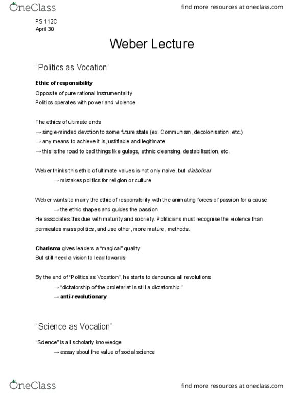 POL SCI 112C Lecture Notes - Lecture 25: Proletariat thumbnail