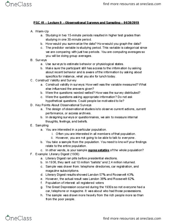 PSC 41 Lecture Notes - Lecture 9: The Literary Digest, Internal Validity, Sampling Error cover image