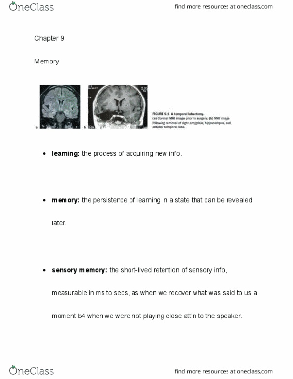 PSYB55H3 Chapter Notes - Chapter 9.1: Sensory Memory, Long-Term Memory, Blackboard thumbnail
