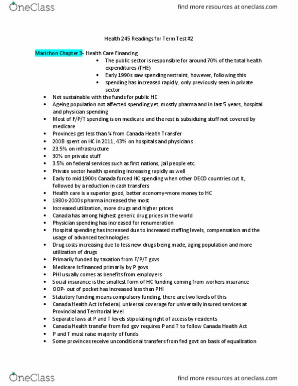 HLTH245 Chapter Notes - Chapter midterm 1: Canada Health Transfer, Canada Health Act, Generic Drug thumbnail