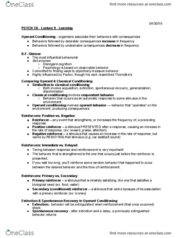 PSYCH 7A Lecture Notes - Lecture 9: Reinforcement, Classical Conditioning, Operant Conditioning thumbnail