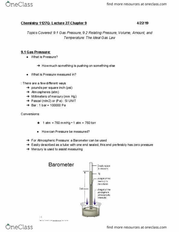 CHEM 1127Q Lecture Notes - Lecture 27: Ideal Gas Law, Torr, Vacuum Pump cover image