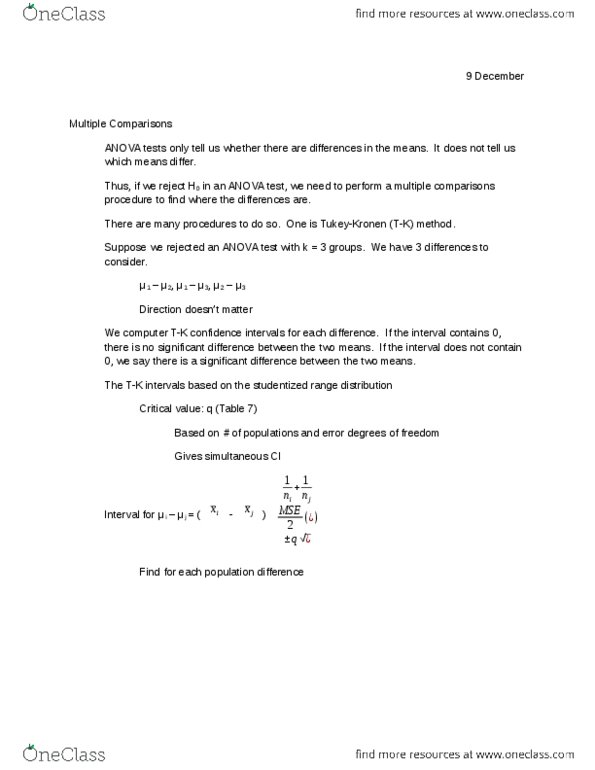 STAT 301 Lecture Notes - Multiple Comparisons Problem, Analysis Of Variance thumbnail