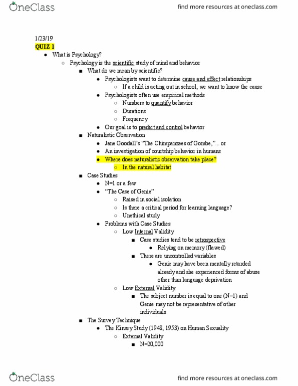 PSY 113 Lecture Notes - Naturalistic Observation, Intellectual Disability, Internal Validity thumbnail