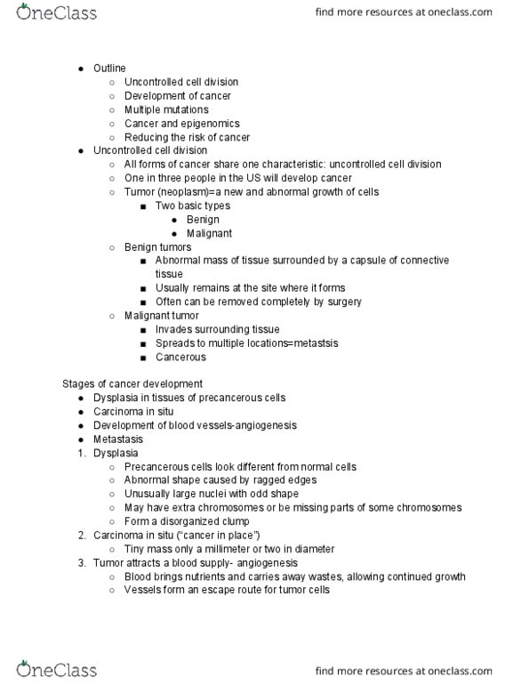 BIO 203 Lecture Notes - Lecture 17: Cancer, Dysplasia, Angiogenesis thumbnail