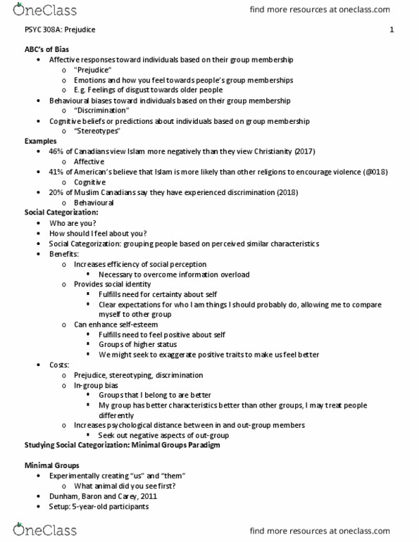 PSYC 308 Lecture Notes - Lecture 11: In-Group Favoritism, Stereotype, Ingroups And Outgroups thumbnail