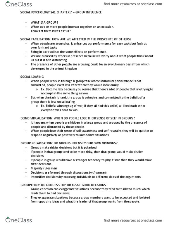 PSYC 241 Chapter Notes - Chapter Chapter 7: Group Influence: Social Loafing, Supreme Headquarters Allied Powers Europe thumbnail