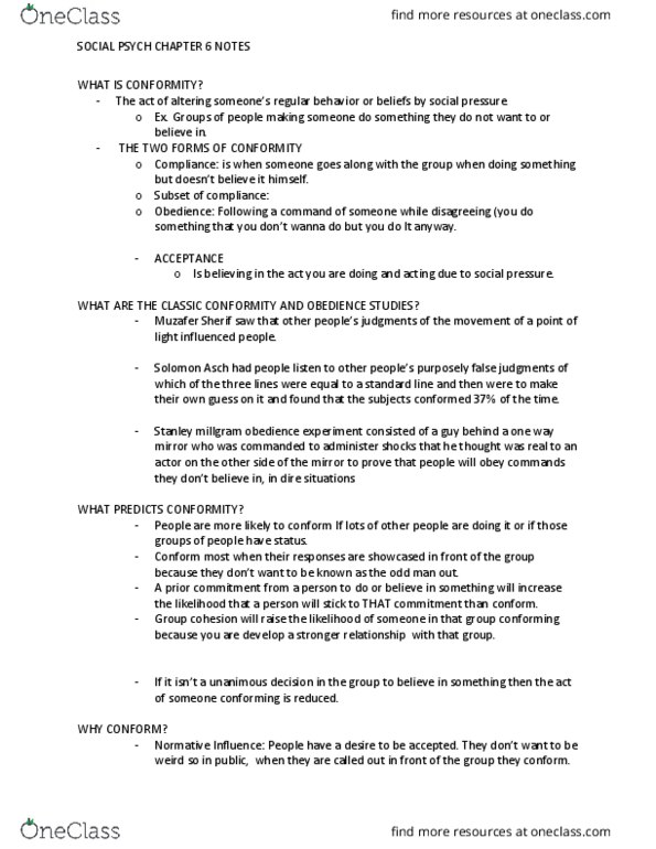 PSYC 241 Chapter Notes - Chapter 6: Muzafer Sherif, Solomon Asch thumbnail