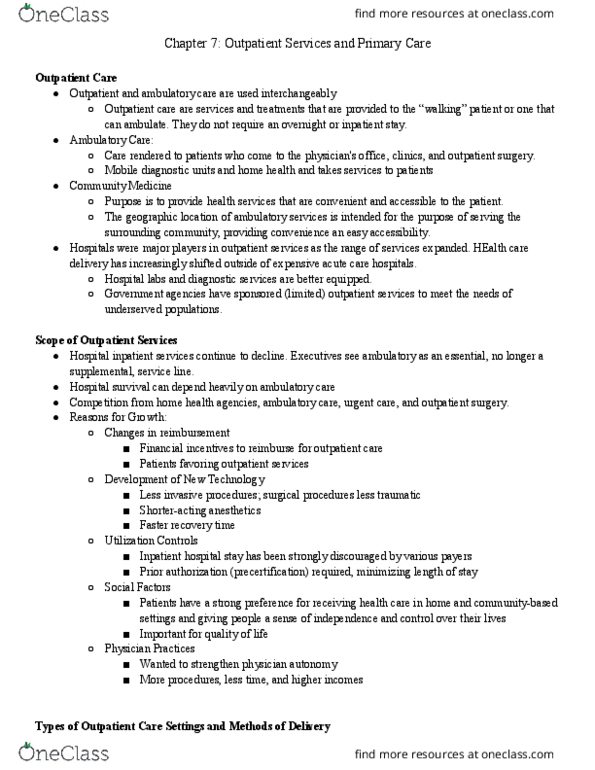 HLTH-2030 Lecture Notes - Lecture 7: Ambulatory Care, Primary Care Physician, Services Hospital thumbnail