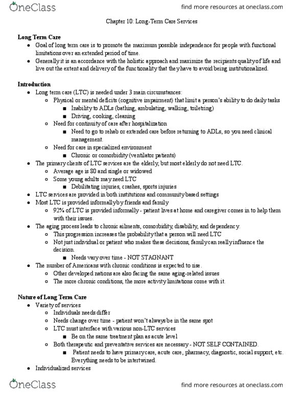 HLTH-2030 Lecture Notes - Lecture 10: Long-Term Care, Comorbidity, Managed Care thumbnail