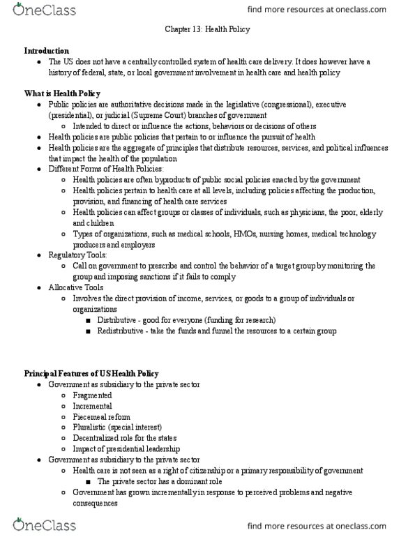 HLTH-2030 Lecture Notes - Lecture 13: Health Policy, Agency For Healthcare Research And Quality, National Health Service Corps thumbnail