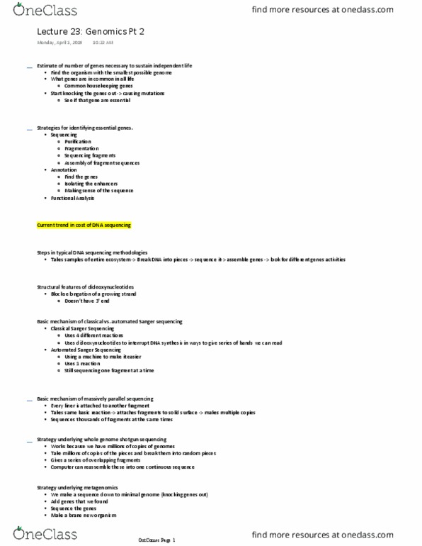 Biology 1002B Chapter Notes - Chapter Outcomes: Sanger Sequencing, Shotgun Sequencing, Minimal Genome thumbnail