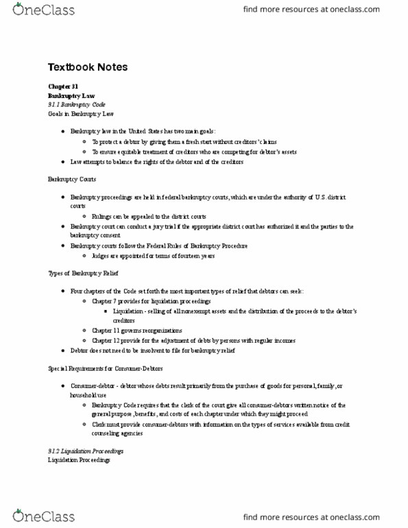 FIN 240 Chapter Notes - Chapter 31: Chapter 11, Title 11, United States Code, Chapter 7, Title 11, United States Code, Bankruptcy thumbnail