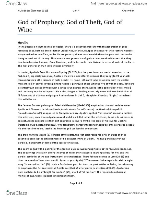 HUM 102W Lecture : 04 God of Prophecy, God of Theft, God of Wine.pdf thumbnail
