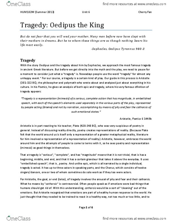 HUM 102W Lecture Notes - Oedipus The King, Peripeteia, Anagnorisis thumbnail