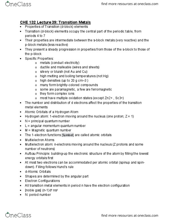 CHE 132 Lecture Notes - Lecture 42: Azimuthal Quantum Number, Magnetic Quantum Number, Atomic Orbital thumbnail
