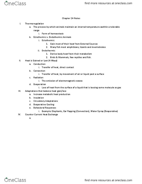 BIO 1012 Lecture Notes - Lecture 14: Thermoregulation, Evaporation, Homeostasis thumbnail