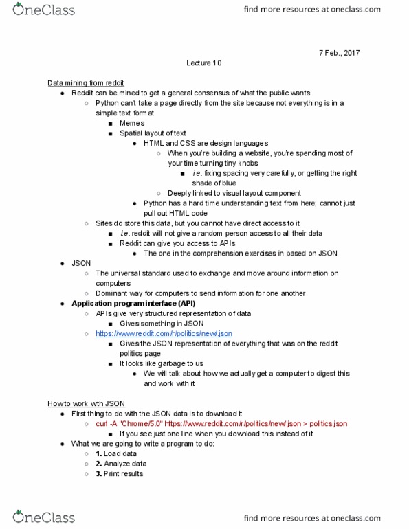 COMP 102 Lecture Notes - Lecture 6: Json, Reddit, Data Mining thumbnail