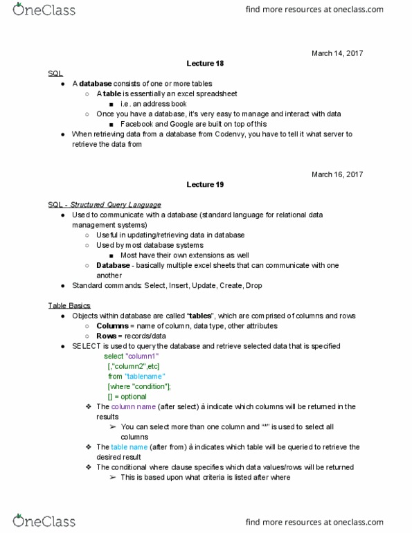 COMP 102 Lecture Notes - Lecture 10: Sql, Management System, Wildcard Character thumbnail