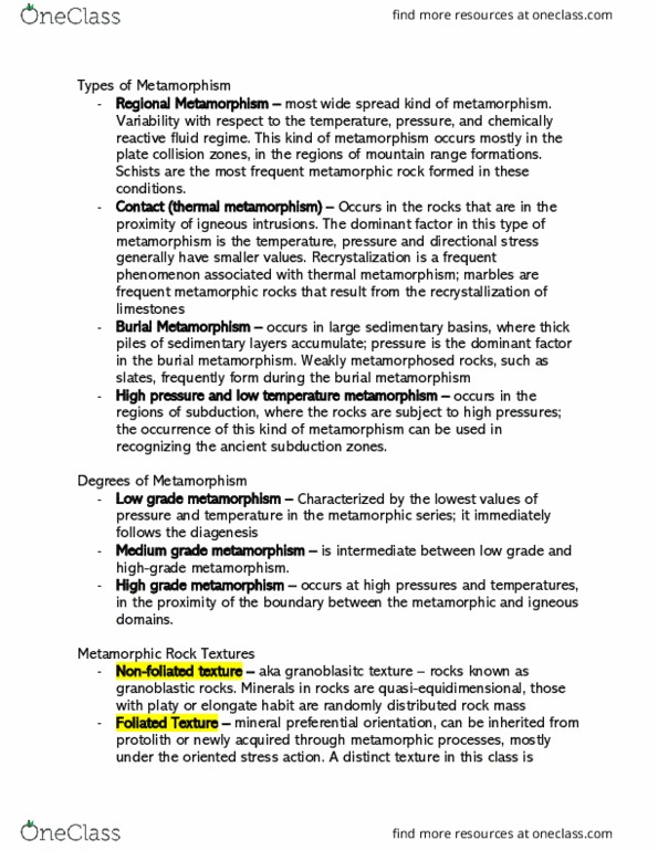 GLGY 209 Chapter Notes - Chapter 9: Metamorphic Rock, Metamorphism, Protolith thumbnail