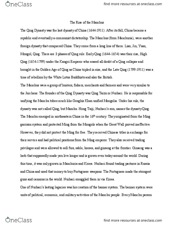 HIST 4618 Lecture Notes - Lecture 21: Kangxi Emperor, Nurhaci, Manchu People thumbnail