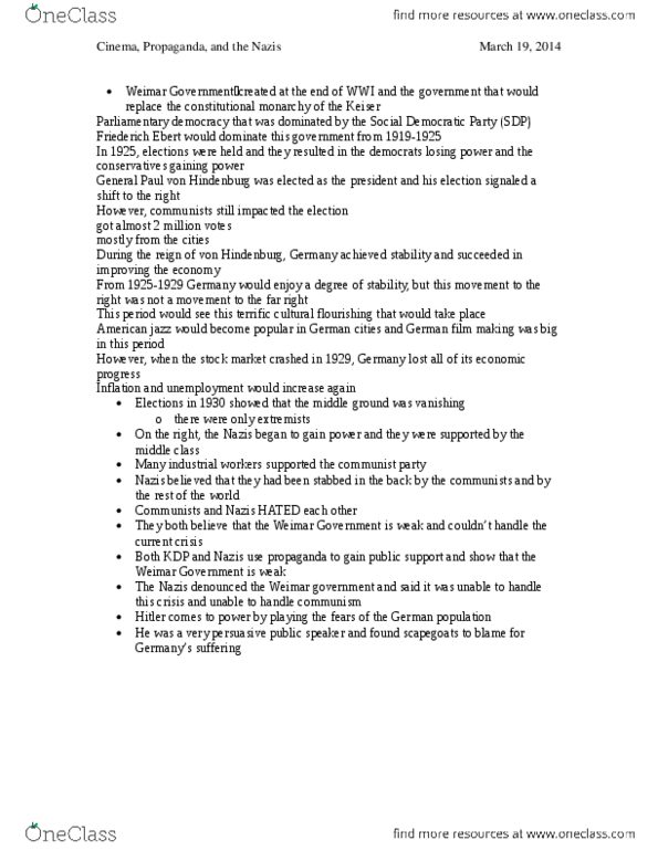 HIST 1035 Lecture Notes - Paul Von Hindenburg, Gestapo, Long Knives thumbnail