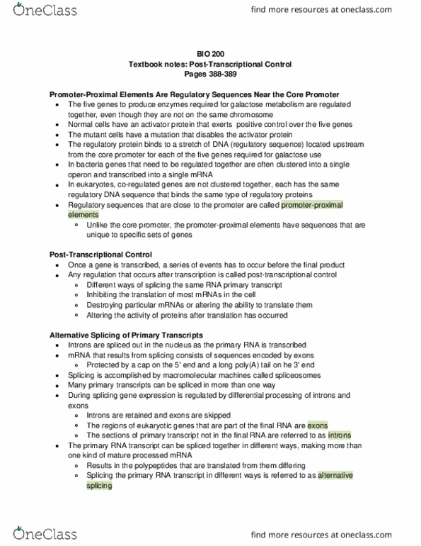 BIOL 200 Chapter Notes - Chapter 388-389: Galactose, Alternative Splicing, Intron thumbnail