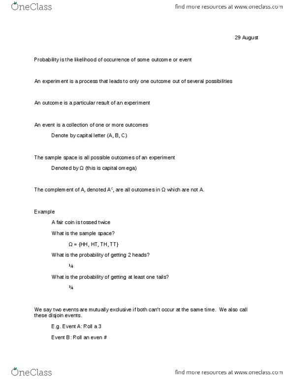 STAT 301 Lecture Notes - Sample Space, Collectively Exhaustive Events, Fair Coin thumbnail