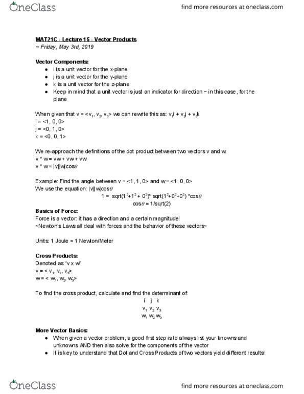 MAT 21C Lecture Notes - Lecture 15: Unit Vector, Cross Product, Dot Product cover image