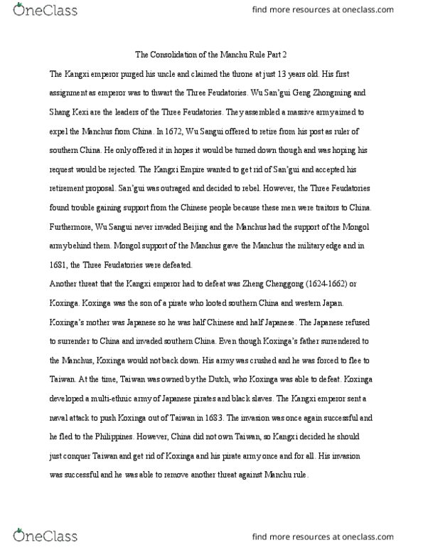 HIST 4618 Lecture Notes - Lecture 24: Wu Sangui, Kangxi Emperor, Geng Zhongming thumbnail