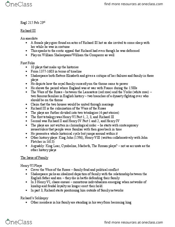 ENGL 215 Lecture Notes - Lecture 2: Henry Vi, Part 1, Henry Iv, Part 1, Tetralogy thumbnail