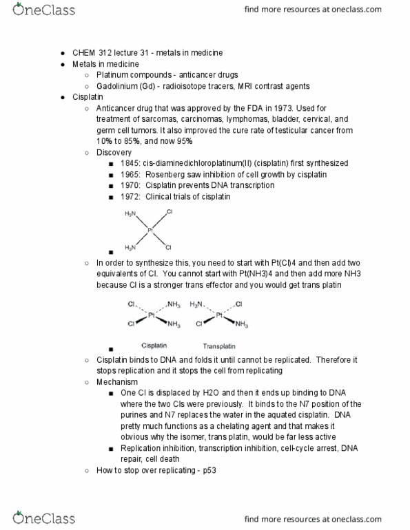 CHEM 312 Lecture Notes - Lecture 31: Cisplatin, Testicular Cancer, Gadolinium thumbnail