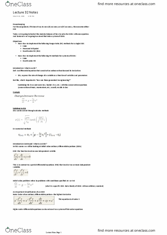 Civil and Environmental Engineering 2219A/B Lecture Notes - Lecture 32: Numerical Methods For Ordinary Differential Equations, Ordinary Differential Equation, Partial Differential Equation thumbnail