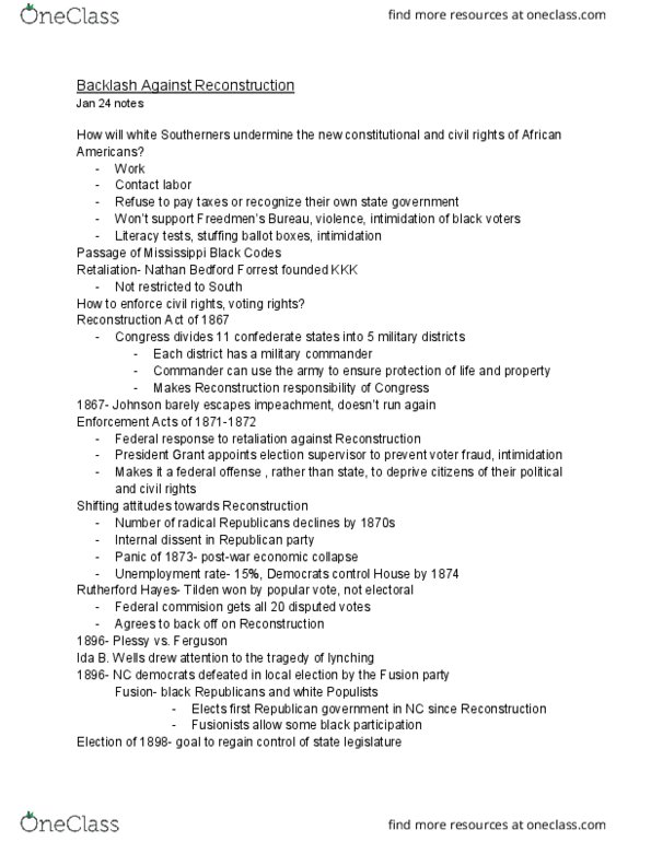 HIS-2204 Lecture Notes - Lecture 4: Nathan Bedford Forrest, Rutherford B. Hayes, Reconstruction Acts thumbnail