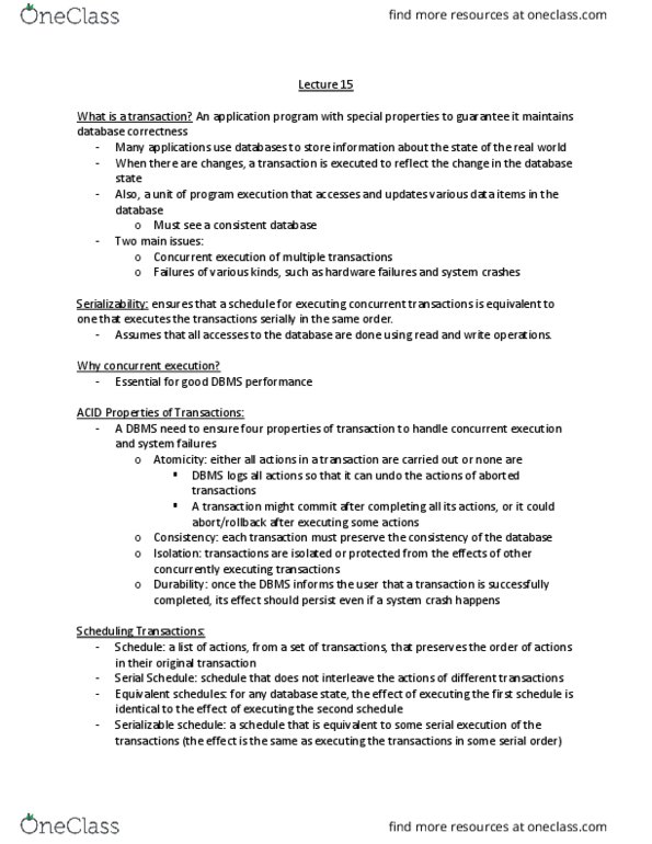 CMPSC 431W Lecture Notes - Lecture 15: Serializability, Institute For Operations Research And The Management Sciences, Oracle Database thumbnail