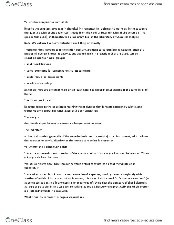 CHE-2211 Chapter Notes - Chapter 6: Titration, Analyte, Equilibrium Constant thumbnail