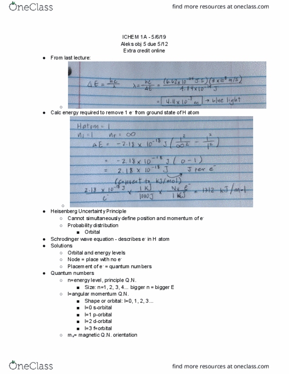 CHEM 1A Lecture Notes - Lecture 16: Uncertainty Principle, Probability Distribution cover image