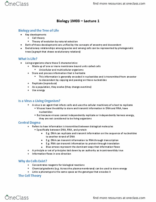 BIOLOGY 1M03 Lecture Notes - Lecture 1: Cell Membrane, Cell Theory, Multicellular Organism thumbnail